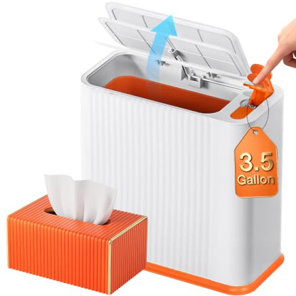 Bathroom Trash Can with Lid and Tissue Box Cover Set 13 L/ 3.5 Gallon Orange and White Trash Can with Pop-Up Lid Small Garbage Can with for Bathroom Bedroom Office Kitchen - color: Orange & Gold
