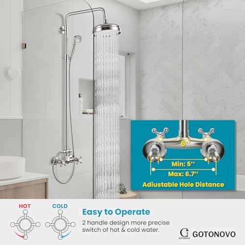 gotonovo Exposed Shower System Wall Mount,Brushed Nickel,Metal Handheld | 8” Rain Shower Head Faucet Set Fixtures,2 Function,Two Cross Handle,Height Adjustable,for 5-6.7" Hole,Indoor Victorian Retro - color: Nickel