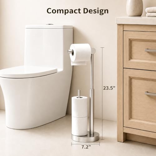 Toilet Paper Stand with Storage & Weighted Base, Brushed Nickel | Free Standing Stainless Steel Design with Open-Ring Arm for Easy Roll Replacement - color: Brushed Nickel