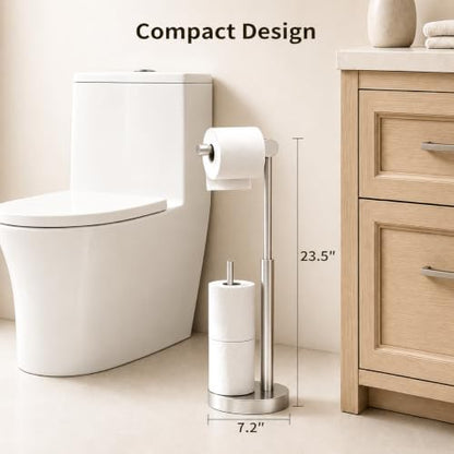 Toilet Paper Stand with Storage & Weighted Base, Brushed Nickel | Free Standing Stainless Steel Design with Open-Ring Arm for Easy Roll Replacement - color: Brushed Nickel