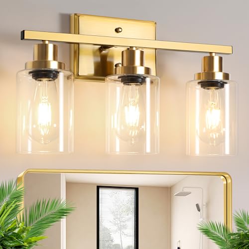 Ascher Bathroom Vanity Light Fixtures, 3 Light Wall Sconces Lighting with Clear Glass Shade, Gold Wall Lights for Mirror, Kitchen, Living Room, Gallery, E26 Base (Bulbs Not Included) - color: Gold, size: 3 Light