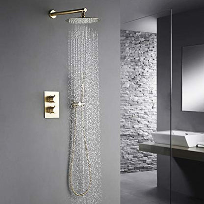 Shower System, Wall Mounted Thermostatic Control Mixing Valve Brushed Gold Taps Set with 8-12 Inch Round Rainfall Head and Handheld Shower, Luxury Se,10 inch