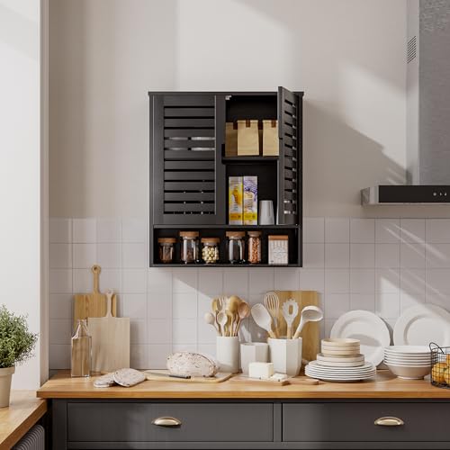 SMIBUY Bathroom Cabinet Wall Mounted, Bamboo Over-The-Toilet Storage Organizer, Space Saver Medicine Cabinet with 2 Door and Adjustable Shelves (Black) - color: Black
