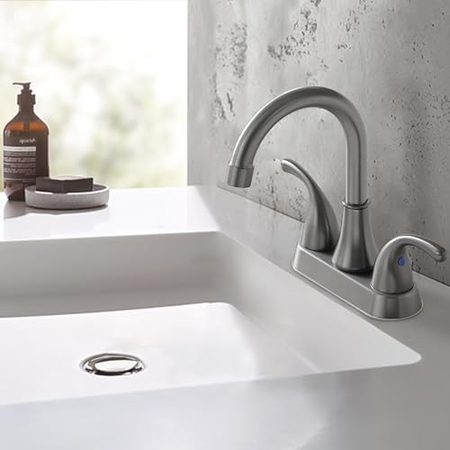Bathroom Sink Faucet FRANSITON 4 Inch 2 Handle Lead-Free Brushed Grey Bath Sink Faucet with Pop-up Drain Stopper and Supply Hoses - color: BrushedGrey