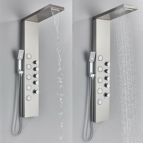 LED Light Shower Panel Tower Rainfall Waterfall Shower Head with Massager Jets Body System Jet Black B (Color : Brushed Nickel D) - color: Brushed Nickel D