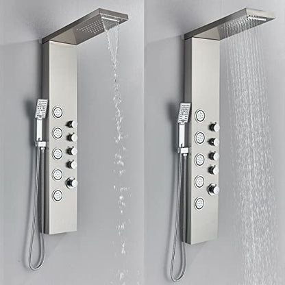 LED Light Shower Panel Tower Rainfall Waterfall Shower Head with Massager Jets Body System Jet Black B (Color : Brushed Nickel D) - color: Brushed Nickel D