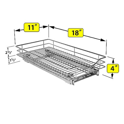 LYNK PROFESSIONAL® Pull Out Cabinet Organizer, Kitchen Slide Out Drawer | 11W x 18D chrome rollout shelf creates easy-access storage for cookware, pantry items and kitchen essentials inside cabinets - size: 11"W x 18"D