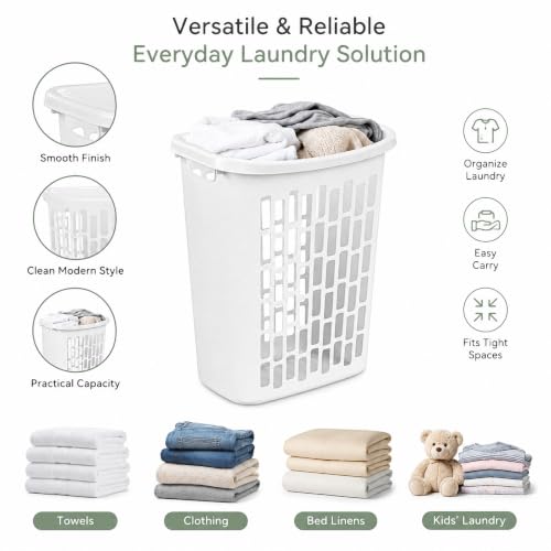 Large Plastic Laundry Hamper, White, Slim Rectangular(2-Pack) | Reinforced Handles, Space-Saving Design, 20x13x24 Inches, Durable Construction, For Bathroom & Dorm, Ventilated,