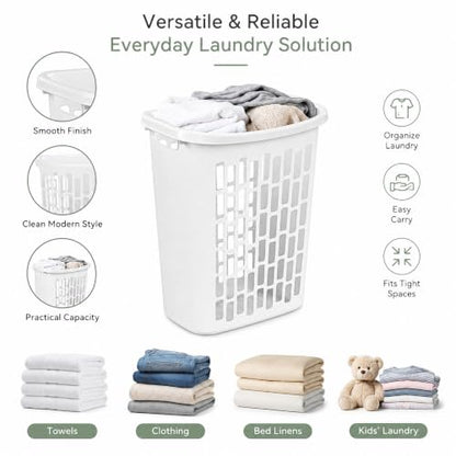 Large Plastic Laundry Hamper, White, Slim Rectangular(2-Pack) | Reinforced Handles, Space-Saving Design, 20x13x24 Inches, Durable Construction, For Bathroom & Dorm, Ventilated,