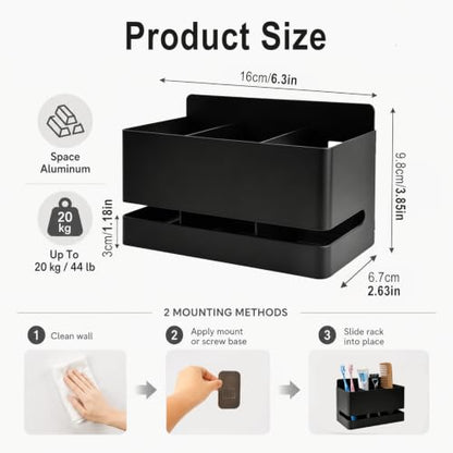 Black Aluminum Wall Mount Toothbrush Holder, 3 Slot No Drill Bathroom Organizer with Drain Holes, Holds Toothpaste Shaver Comb Multipurpose Household Storage Rack for Bathroom Kitchen Use