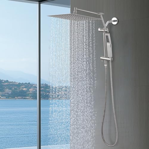 All Metal 12 Inch Rain Shower Head with Handheld Spray Combo, High Pressure Waterfall Rainfall Square Shower Heads with 16" Adjustable Extension Arm, Dual Showerhead with 3-Way Diverter,Brushed Nickel - color: Brushed Nickel, size: 12 Inch
