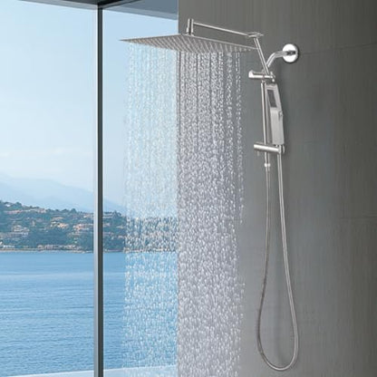 All Metal 12 Inch Rain Shower Head with Handheld Spray Combo, High Pressure Waterfall Rainfall Square Shower Heads with 16" Adjustable Extension Arm, Dual Showerhead with 3-Way Diverter,Brushed Nickel - color: Brushed Nickel, size: 12 Inch