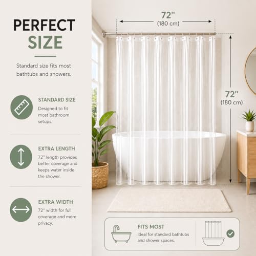 Clear Shower Curtain, 72x72 | Odorless Plastic with Magnets, Washable Long Bathroom Curtain, Premium PEVA Waterproof, Rust-Proof