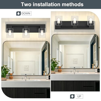 21.6 Inch Bathroom Light Fixtures, with Clear Glass Shade | 3-Light Matte Black Bathroom Lighting Fixtures Over Mirror, Modern Wall Light, bathroom vanity light E26 Socket, ETL - color: Black, size: 3-Light