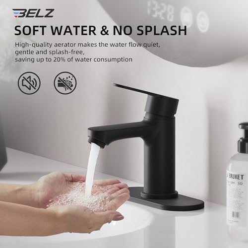 BELZ Black Bathroom Faucet, Lead-Free for 1 or 3 Hole 4" Vanity Sink | NSF372 Compliant,Anti-peeling PVD Finish,Includes Pop-up Drain & Hoses,Single Handle Modern Design, Easy DIY Install - color: Matte Black