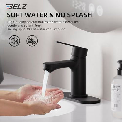 BELZ Black Bathroom Faucet, Lead-Free for 1 or 3 Hole 4" Vanity Sink | NSF372 Compliant,Anti-peeling PVD Finish,Includes Pop-up Drain & Hoses,Single Handle Modern Design, Easy DIY Install - color: Matte Black