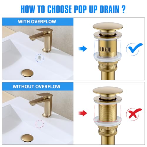 JONKEAN Brushed Gold Pop Up Drain Without Overflow for Bathroom Sink | Built-in Anti-Clogging Strainer, Brass and 304 Stainless Steel for 1.6"-1.9" Sink Hole, Sink Stopper Hair Catcher - size: With Overflow
