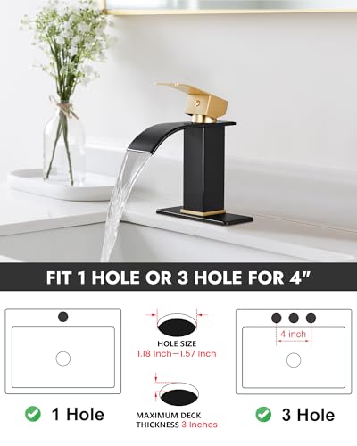 Midanya Waterfall Bathroom Faucet 1 Hole,Brushed Gold Handle/Matte Black | with 24” Hoses,Pop Up Drain,6” Deck Plate,for 1 or 3 Hole Vanity,Lavatory,RV,Single Handle Bathroom Sink Faucet,NSF Certified - color: Gold Handle/Black