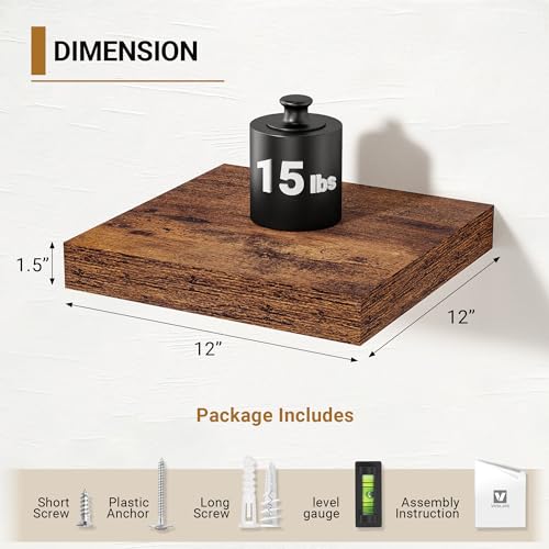 Vivelove 12x12 Deep Floating Shelves, Rustic Brown, Set of 2 | Invisible Brackets, Easy Mount Shelf with Hardware Kit, for Bathroom Bedroom Living Room Kitchen, Engineered Wood - color: Rustic Brown, size: 12”wx12”dx1.5”h