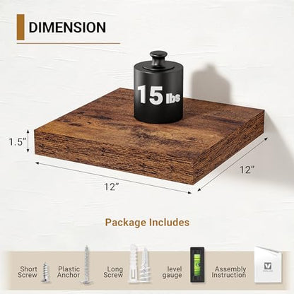 Vivelove 12x12 Deep Floating Shelves, Rustic Brown, Set of 2 | Invisible Brackets, Easy Mount Shelf with Hardware Kit, for Bathroom Bedroom Living Room Kitchen, Engineered Wood - color: Rustic Brown, size: 12”wx12”dx1.5”h