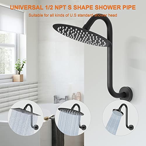 S Shaped Shower Arm, High Rise Shower Head Extension Pipe Standard 1/2" Connection with Flange, Awesome Shower Experience-Stainless Steel Bathroom Accessory(12 Inch S Shape, Matte Black) - color: Matte Black, style: 12" S Shape