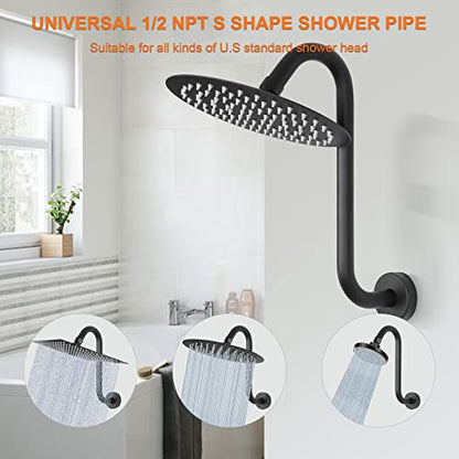 S Shaped Shower Arm, High Rise Shower Head Extension Pipe Standard 1/2" Connection with Flange, Awesome Shower Experience-Stainless Steel Bathroom Accessory(12 Inch S Shape, Matte Black) - color: Matte Black, style: 12" S Shape