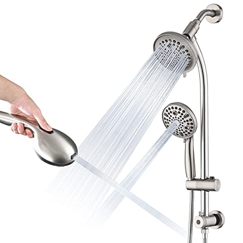 Rainfall Shower Head with Handheld Shower Spray, with 26" Drill Free Adjustable Height Slider Bar, High Pressure Dual Shower Head Combo, 3-Way Diverter for Easy Reach, 5Ft Hose-Brushed Nickel - color: Brushed Nickel