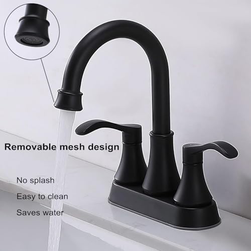 Lead-Free Antique 2 Handle Bathroom Sink Faucet, 360° Swivel High-Arc Spout 4-Inch Centerset Lavatory Vanity Faucets Set with Drain & Water Hoses, Matte Black