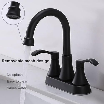 Lead-Free Antique 2 Handle Bathroom Sink Faucet, 360° Swivel High-Arc Spout 4-Inch Centerset Lavatory Vanity Faucets Set with Drain & Water Hoses, Matte Black