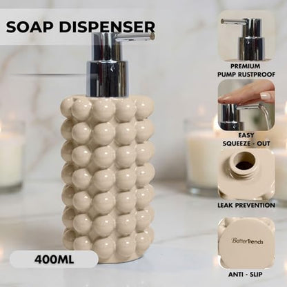 Better Trends 2-Piece Bathroom Accessory Set 400mL Refillable Soap Dispenser with Rustproof Pump 2-Slot Toothbrush for Vanity, Sink & Countertop Organization Sand Nova Collection - color: Sand
