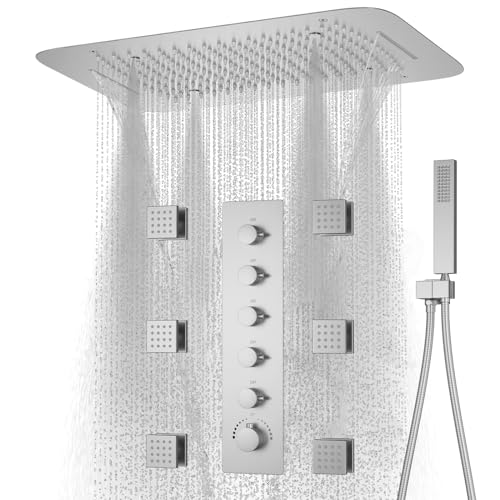 Brushed Nickel Shower Faucet System 16 X 24" 3 Functions Waterfall Mist Rainfall Ceiling Shower Head Thermostatic Full Body Shower Faucet Set Complete With Handheld And Shower Body Jet Spray - color: Brushed Nickel