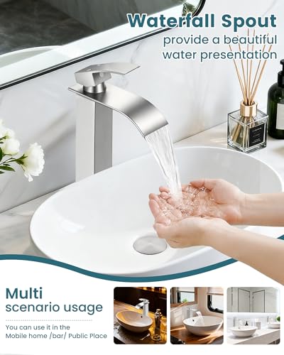 Brushed Nickel Bathroom Faucet 1 Hole Waterfall Vessel Sink Faucet | Certified NSF cUPC DOE CEC SUS304 steel.waterfall spout,Single Handle Bathroom Sink Fauce,Pop-up Drain,Fits vanity,Bar sink - color: A-Brushed Nickel, style: Tall