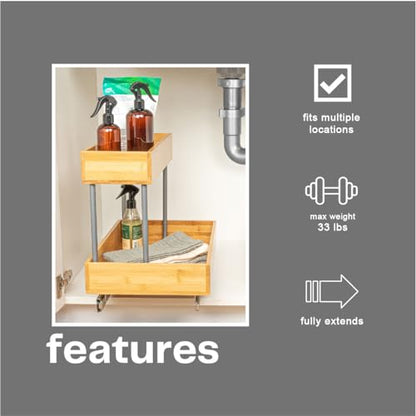 Household Essentials Glidez Steel and Bamboo Pull-Out/Slide-Out Storage Organizer for Under Sink or Cabinet Use - 2 -Tier Design - Fits Standard Size Cabinet or Shelf, Natural and Chrome - size: 11.5", style: Undersink