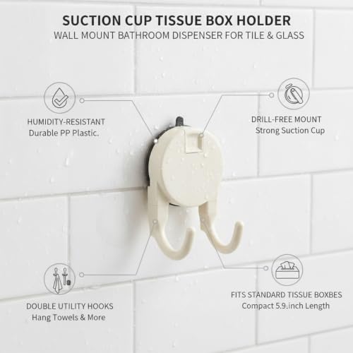 Suction Cup Tissue Box Holder for Bathroom, Wall Mount Dispenser with Double Hooks for Tile & Glass, No Drilling Required (Gray/White) - color: White