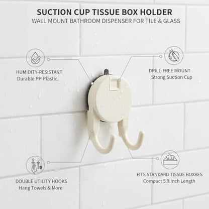 Suction Cup Tissue Box Holder for Bathroom, Wall Mount Dispenser with Double Hooks for Tile & Glass, No Drilling Required (Gray/White) - color: White