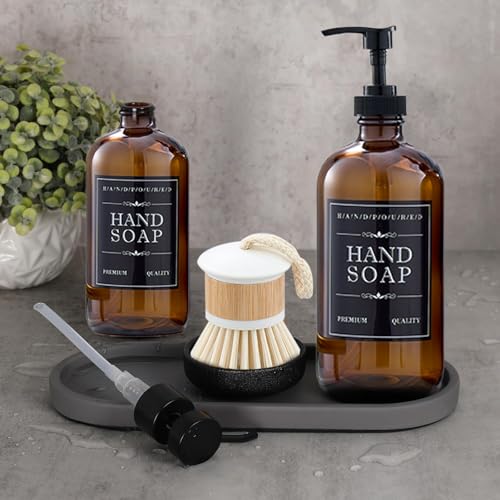 Soap Dispenser Set – 16oz Refillable Amber Glass Bottles with Brush Holder, Dish Scrub, Diatomite Tray, 12 Waterproof Labels – Brown Non-Slip Base for Home Upgrade, Rustic Farmhouse Style (Set of 6)