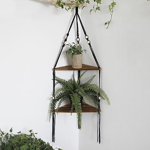 Artilady Corner Shelf Macrame Wall Hanging Balck, Boho Wood Storage Decor | 2 Tier Adjust Plant Floating Shelves, Farmhouse Rustic Crystal Candle Holder for Small Space, Bedroom Living Room Wall Decor - color: Black - 2 Tier