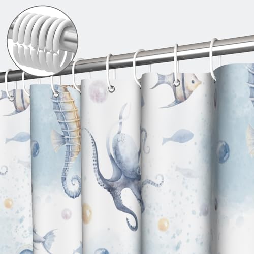 Yeele Ocean Creatures Watercolor Shower Curtain, Turtle Octopus Blue Print Shower Curtain, Waterproof Machine Washable Fabric Bath Curtain 72x72 Inch with Grommets and Hooks - color: Blue 1, size: 72"Wx72"L