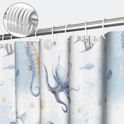 Yeele Ocean Creatures Watercolor Shower Curtain, Turtle Octopus Blue Print Shower Curtain, Waterproof Machine Washable Fabric Bath Curtain 72x72 Inch with Grommets and Hooks - color: Blue 1, size: 72"Wx72"L