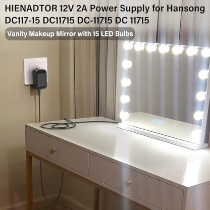 12V 2A Vanity Makeup Mirror Charger Compatible with Hansong Make-up Mirror | Power Cord AC Adapter Fit for Hansong DC117-15 DC11715 Bedroom Light Up Vanity Mirror Charging Plug Cable 12VDC 2000mA DC12V