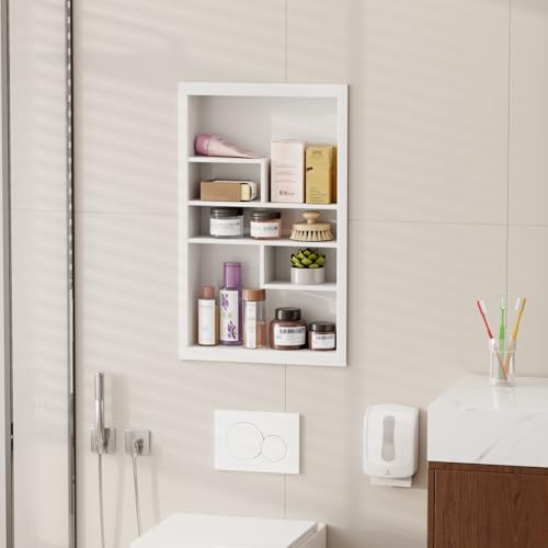 14x24 Medicine Cabinet Recessed Stainless Steel, with 5 Compartments Medicine Cabinet Organizer, Stainless Steel Wall Niche, Bathroom Wall Cabinet, Recessed Bathroom Cabinet, White - color: White, size: New Design 3-Tier