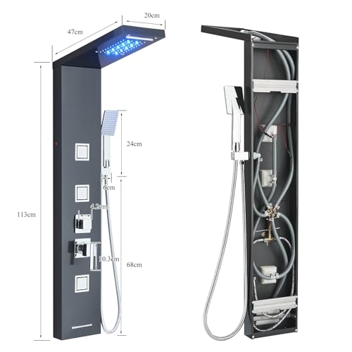 AlenArt Stainless Steel LED Shower Panel Tower System, Bathroom 5-Function Shower Panel Tower with LED Rainfall Waterfall Shower Head, Massage Jets, Tub Spout, Handheld Shower, Black-8126 - color: Black-8126