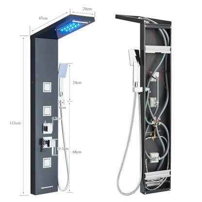 AlenArt Stainless Steel LED Shower Panel Tower System, Bathroom 5-Function Shower Panel Tower with LED Rainfall Waterfall Shower Head, Massage Jets, Tub Spout, Handheld Shower, Black-8126 - color: Black-8126