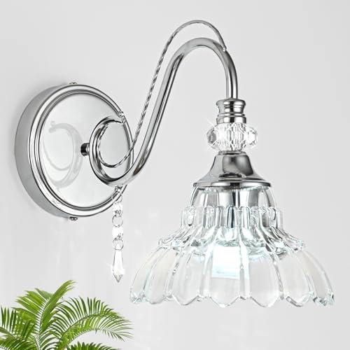 1 Piece Brushed Chrome Finish Wall Sconce, 1-Light Modern Wall Sconce with Hanging Crystal Accents and Flower-Shaped Clear Shades for Bathroom Bedroom Living Room,Modern Vanity Light - color: Chrome, size: 1-Light