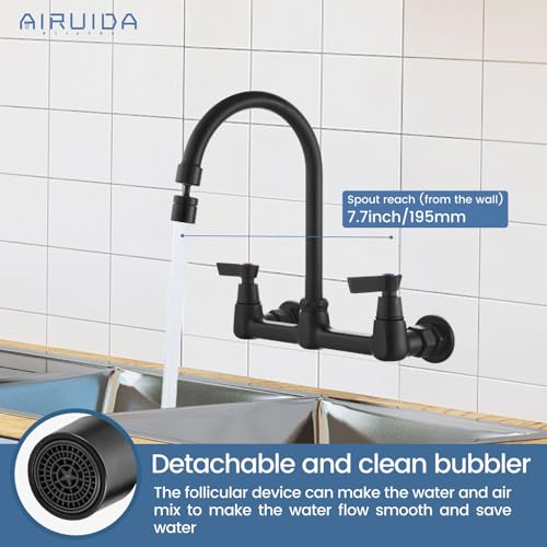Airuida 8 Inch Matte Black Wall Mount Kitchen Sink Faucet | 2 Handle Kitchen Faucet,without Adapter,360° Swivel Spout,Commercial Sink Faucet,for Laundry Utility - color: Matte Black