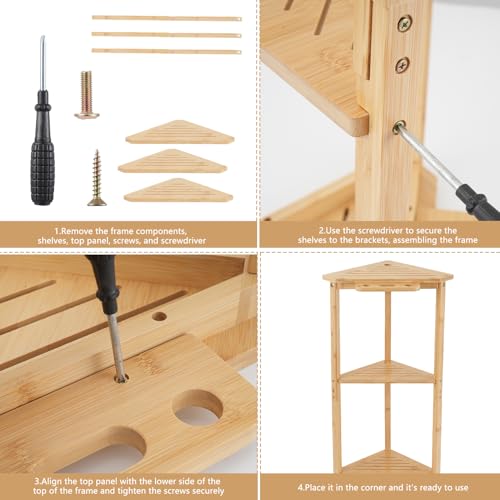 Natural Bamboo Corner Shower Stand, 3-Tier Wooden Standing Shower Organizer, Waterproof Space-Saving Bathroom Corner Shelf for Shower, Kitchen or Living Room