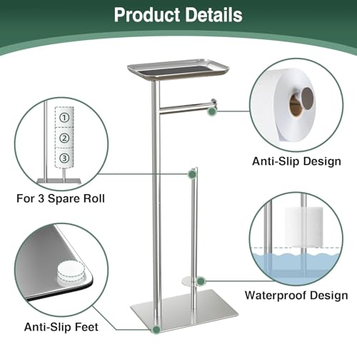 Toilet Paper Holder Stand with Top Storage Shelf | Free Standing Toilet Roll Dispenser for Bathroom, Holds 4 Reserve Rolls, Silver - color: Silver