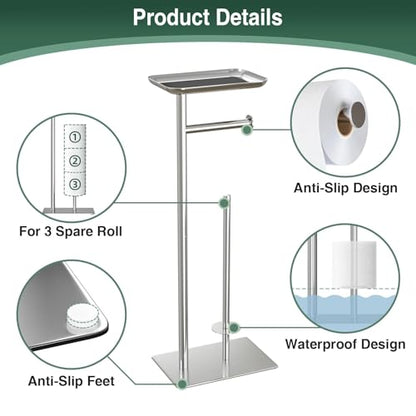 Toilet Paper Holder Stand with Top Storage Shelf | Free Standing Toilet Roll Dispenser for Bathroom, Holds 4 Reserve Rolls, Silver - color: Silver
