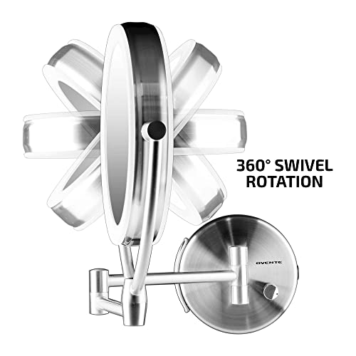 Ovente 7.5" Lighted Wall Mount Makeup Mirror, 1X & 10X Magnifier, Spinning Double Sided Round LED w/ Dimmer Switch, Extend, Retractable & Folding Arm, Battery USB Powered Nickel Brushed MLW75BR1X10X - color: Nickel Brushed, size: 10.3"L x 12.4"W, style: 1