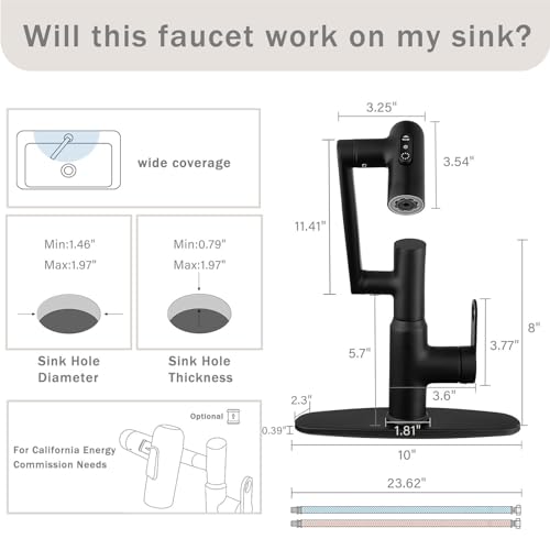 Bathroom Faucet, Rotatable Faucets with Temperature Display in Celsius (Batteries-Free), 3 Water Outlet Modes Single Hole Faucet with Sink Plate for Bathroom Sink (Matte Black) - color: Matte Black